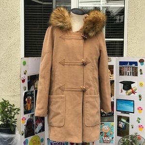 Brown Faux Fur Trimmed Hood Pea Coat Size Small